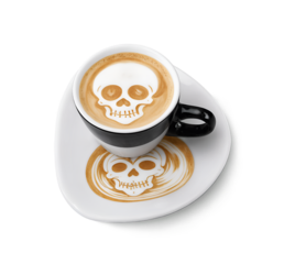 halloween, top view, A cup of latte art with skull pattern isolated on white