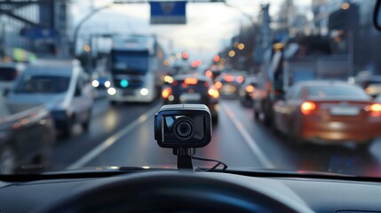 A dash camera view inside a car, with a blurry background of traffic on the road.