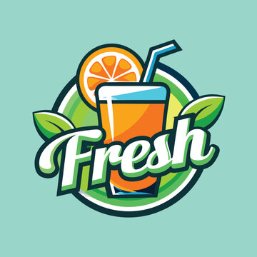 Vector logo with calligraphic inscription Fresh juice with green leaves and drops on black background