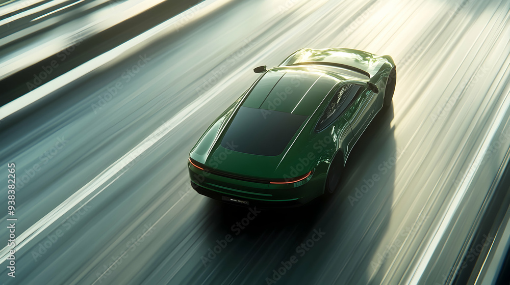 Poster a green car racing at high speed along the highway, with motion blur obscuring its speed, created th