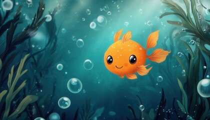 Naklejka premium A cheerful orange fish swims among bubbles and seaweed in a vibrant underwater scene