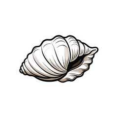 A realistic drawing of a small, white seashell, with intricate detail and a soft, natural shading.