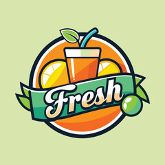 Vector logo with calligraphic inscription Fresh juice with green leaves and drops on black background