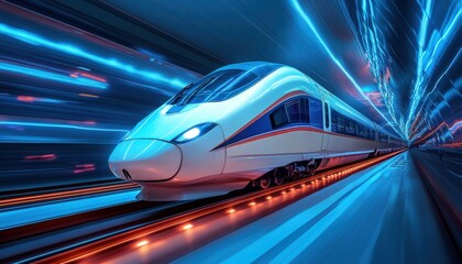 Obraz premium A high-speed train gliding through a futuristic tunnel illuminated by glowing blue and red lights at night