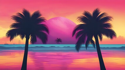 Illustrate a vibrant tropical sunset background with palm tree silhouettes