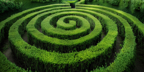 A maze of hedges with a green color, Ornamental hedge in the garden.
