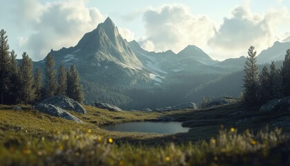 A tranquil mountain landscape with a serene pond surrounded by lush greenery and towering peaks in the early morning light