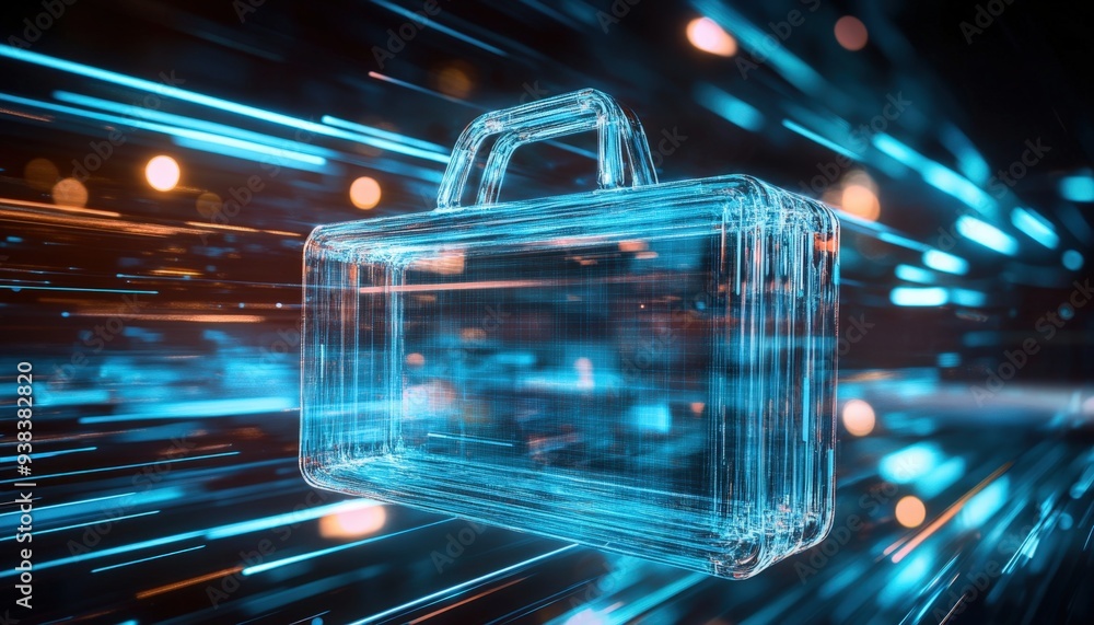 Poster a futuristic transparent briefcase surrounded by glowing digital lines in an abstract space filled w