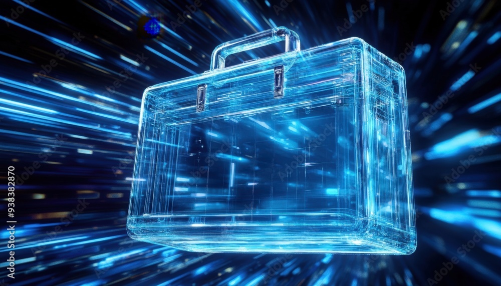 Poster a digital representation of a translucent briefcase surrounded by vibrant light streaks in a futuris
