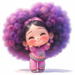 Fototapeta premium Cute chibi girl cartoon character with massive puffy purple hair and a pink outfit smiling on a white background.