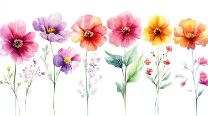 Naklejka premium A vibrant collection of watercolor flowers showcasing delicate petals and lush green leaves, perfect for nature-themed designs.