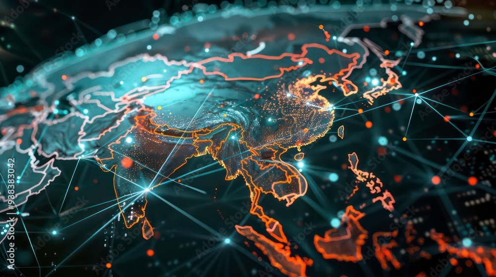 Poster a glowing digital map of asia with a network of lines and dots connecting the continent.