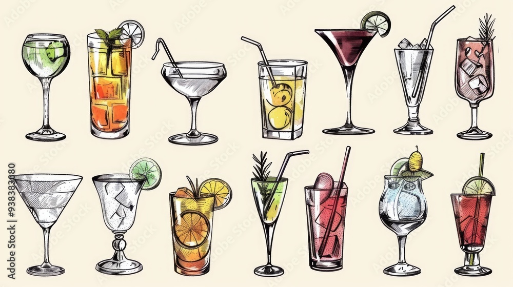 Poster assorted cocktail glasses on a table with diverse shapes and sizes for various drinks