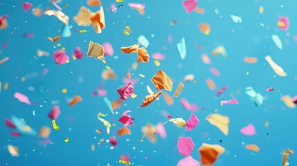 Distribute the confetti evenly across the background, ensuring a mix of colors and shapes to create a festive and vibrant backdrop.