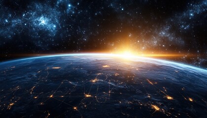 Obraz premium A breathtaking view of Earth at sunrise from space, showcasing vibrant colors and illuminated cities with a starry backdrop