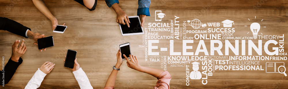 Poster e-learning and online education for student and university concept. graphic interface showing techno