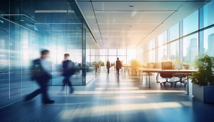 Blurry out of focus background of a bright clean office with desks, computer screens, chairs and business people walking around
