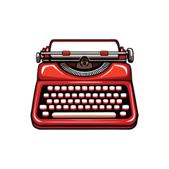 A realistic illustration of a classic red typewriter, with a black keyboard and white keys.