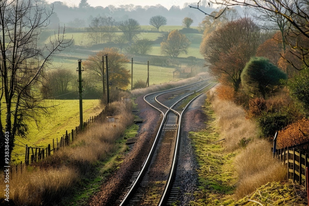 Poster train track running through a rural countryside landscape with rolling hills and green fields
