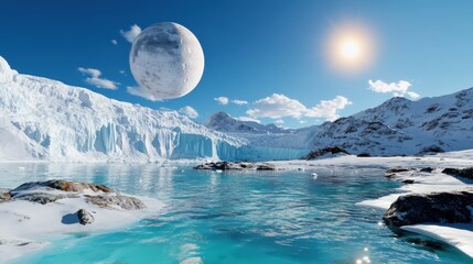 A captivating fantasy image showcasing an icy landscape under a bright sun, with a colossal moon above, blending surreal elements with pristine winter beauty and imagination.