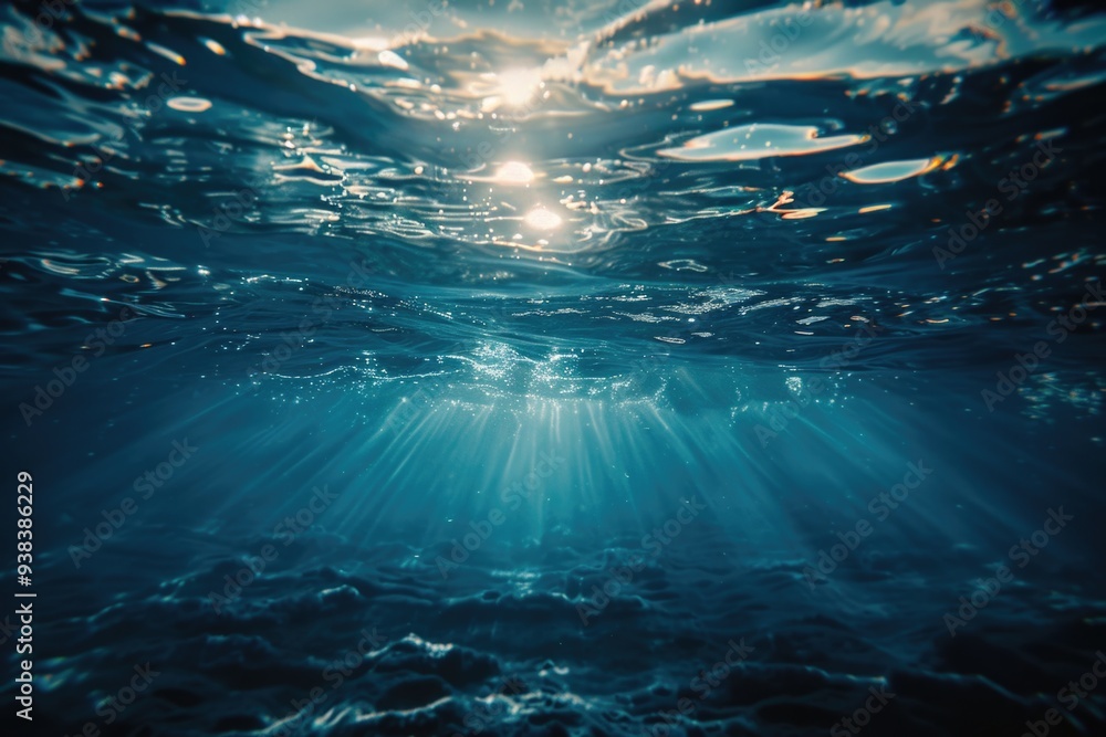 Poster a serene scene of sunlight shining through the water's surface, great for use in peaceful or calming