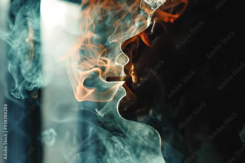 Poster a person smokes a cigarette in a dimly lit room, perfect for use as a background image or to depict 