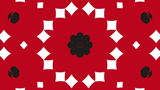 Red Background Card Suit Kaleidoscope: Vibrant Display of Spades, Hearts, Diamonds, and Clubs in Bold, Symmetrical Patterns