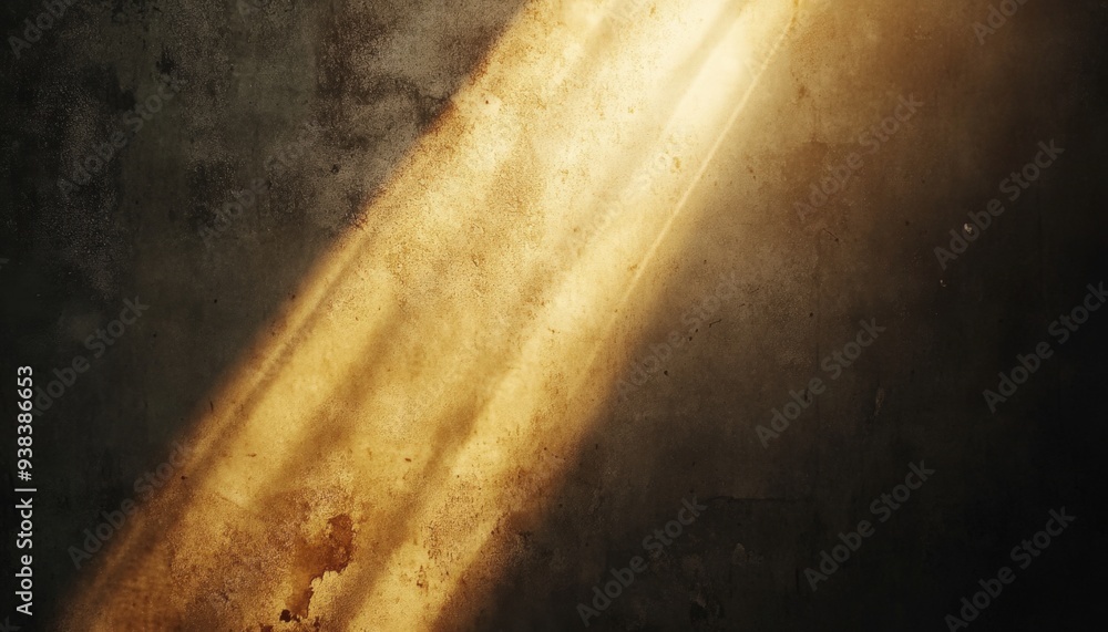 Poster a beam of warm golden light illuminating a textured wall in a darkened space, creating a serene and 
