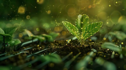 A single green sprout with glowing leaves growing in rich soil, surrounded by other plants and bokeh lights.