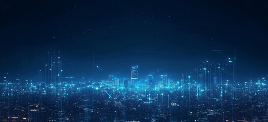 Obraz premium Abstract Digital Technology Background with City Lights at Night, Blue and Black Color Scheme Featuring Illuminated Buildings Against a Dark Sky