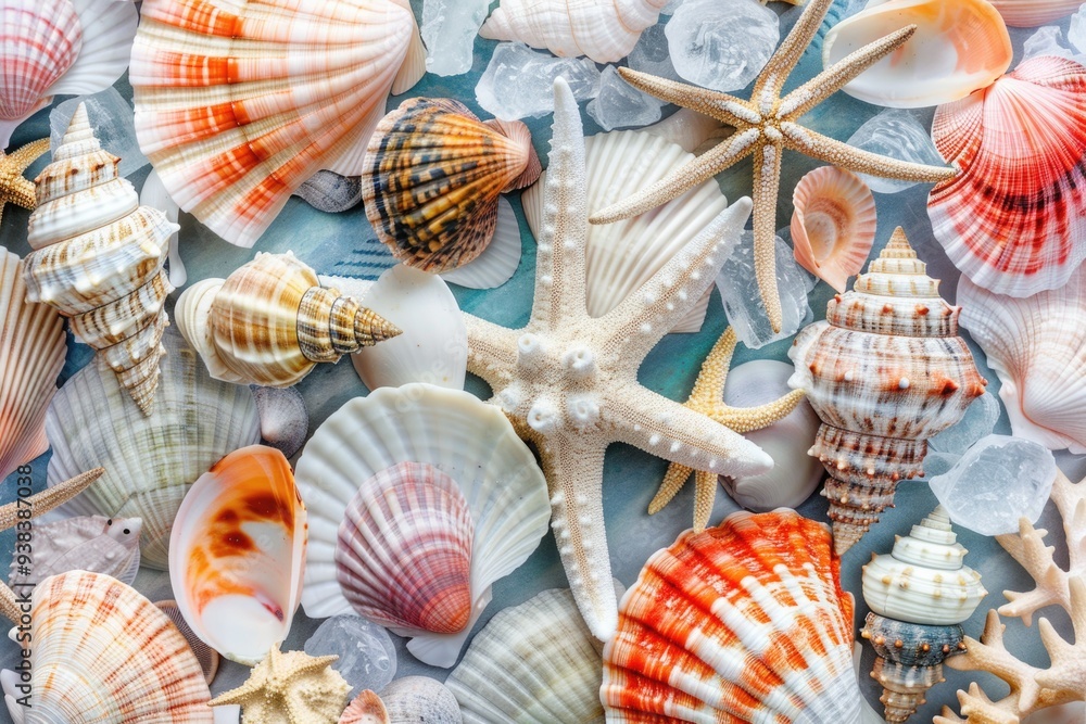 Poster a detailed view of various shells and starfishes arranged on a table