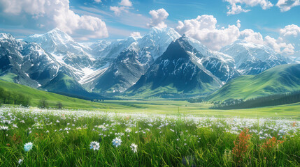 Fototapeta premium Natural landscape. Snow-capped mountains and green meadows on a sunny spring day.