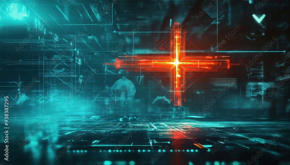 Poster futuristic digital landscape with glowing grid patterns and a bright red cross symbolizing technolog