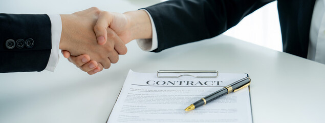 Two business executive shake hand in boardroom, sealing agreement merging two company. Handshake...