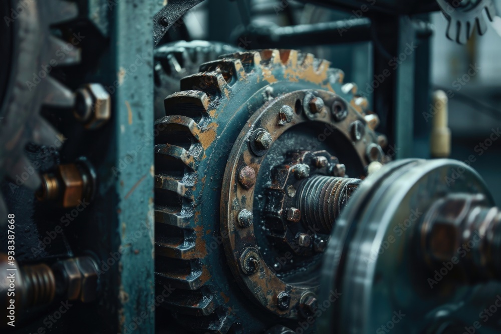 Poster close-up view of a mechanical device featuring intricate gear mechanisms