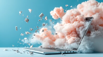 A laptop exploding into a cloud of pink smoke and debris against a light blue background, creating a dramatic and chaotic depiction of a technological breakdown.
