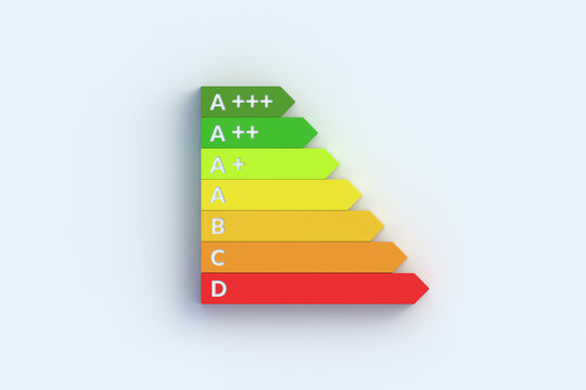 Energy efficiency rating chart on gray background. Electricity consumption scale. Top view. 3d render