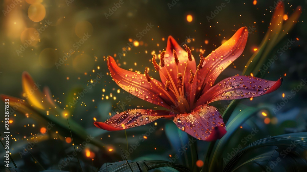 Poster a single lily flower with dew drops and glowing bokeh lights.