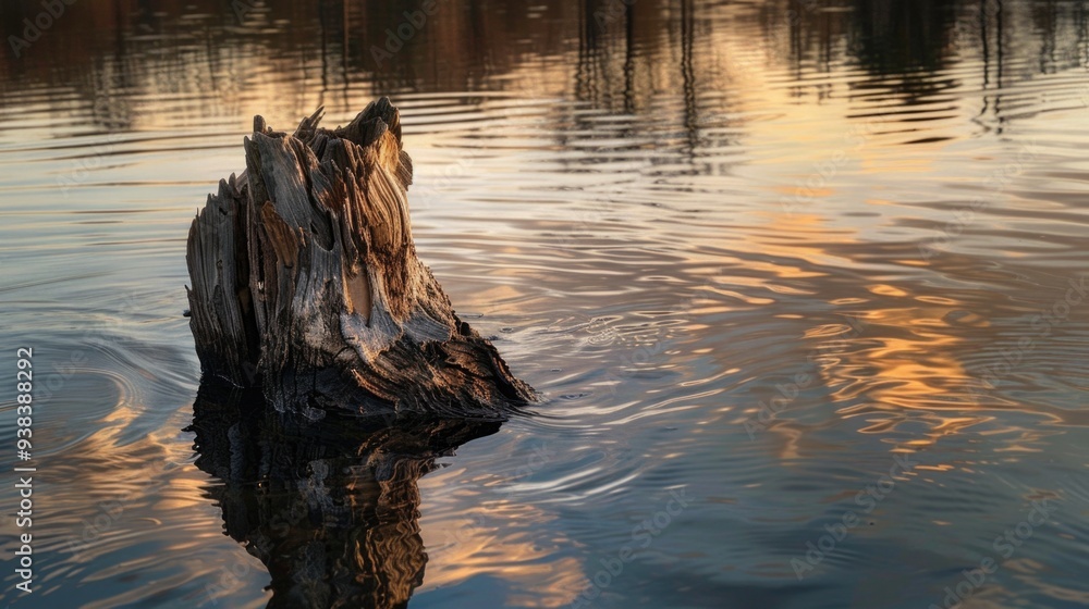Poster A tree trunk emerging from the surface of calm water