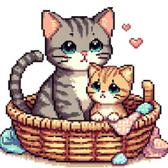 A cute gray and orange cat cuddling in a basket.