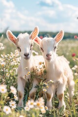 Obraz premium Two adorable baby goats stand amidst a colorful field of flowers, perfect for adding a touch of rustic charm to your project