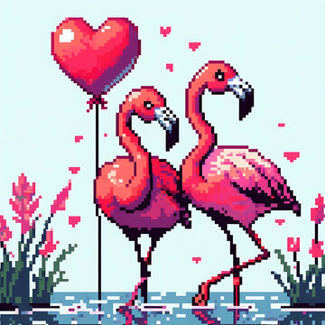 Pixel art of two flamingos standing in water with a heart-shaped balloon.