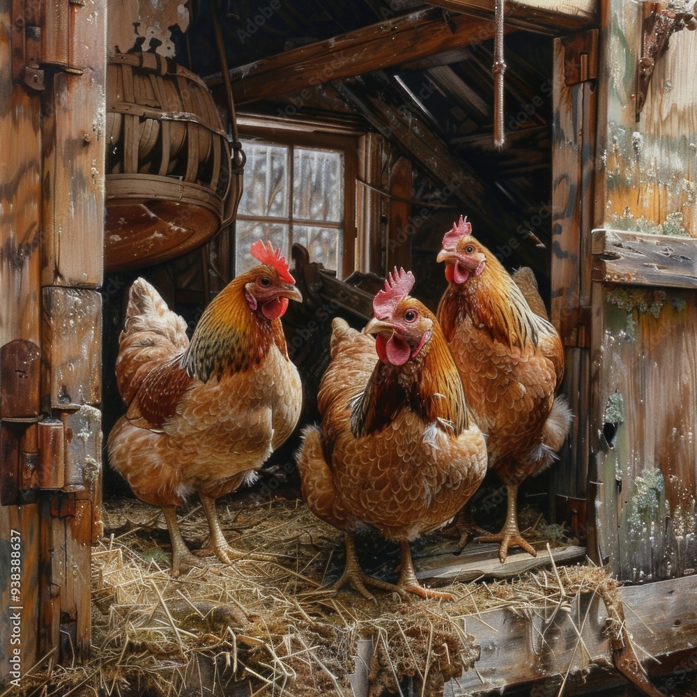 Canvas Prints A group of chickens perched atop a pile of hay, natural scene