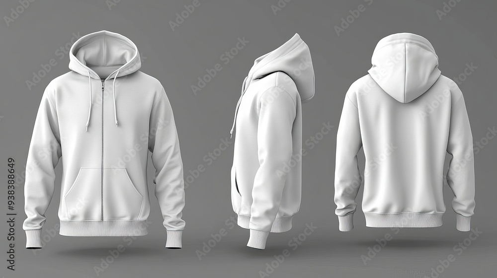 Poster 3d rendering and illustration of a blank hooded sweatshirt mockup with a zipper shown in front side 