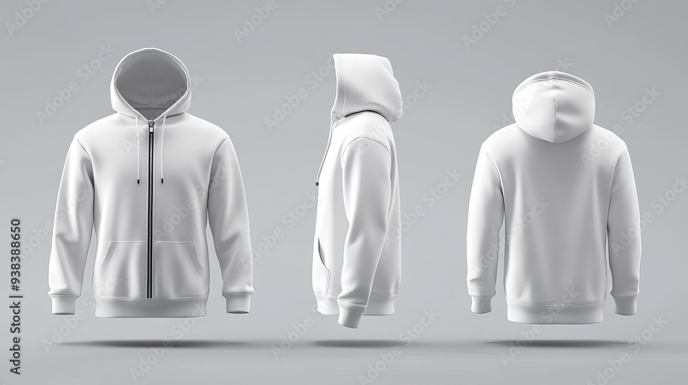Poster 3d rendering and illustration of a blank hooded sweatshirt mockup with a zipper shown in front side 