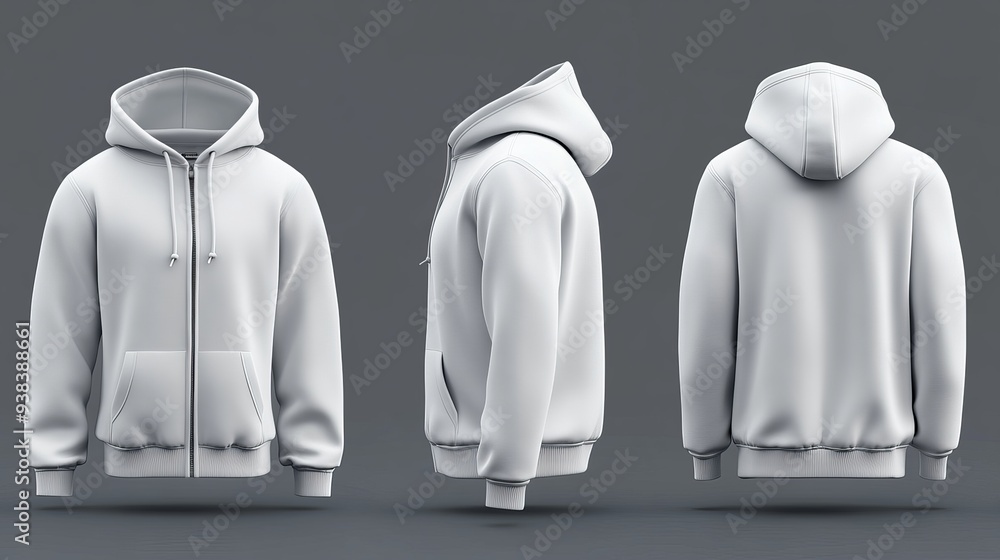 Poster 3d rendering and illustration of a blank hooded sweatshirt mockup with a zipper shown in front side 