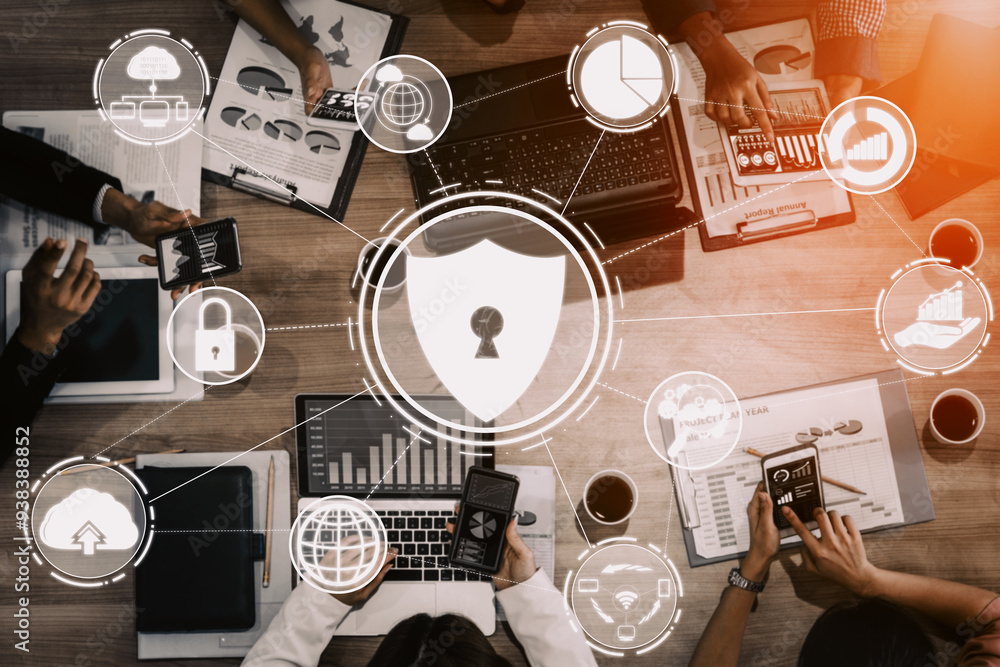 Poster cyber security and digital data protection concept. icon interface showing secure firewall technolog