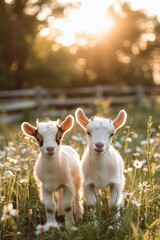Obraz premium Two adorable baby goats standing amidst a colorful field of flowers, perfect for spring or summer themes
