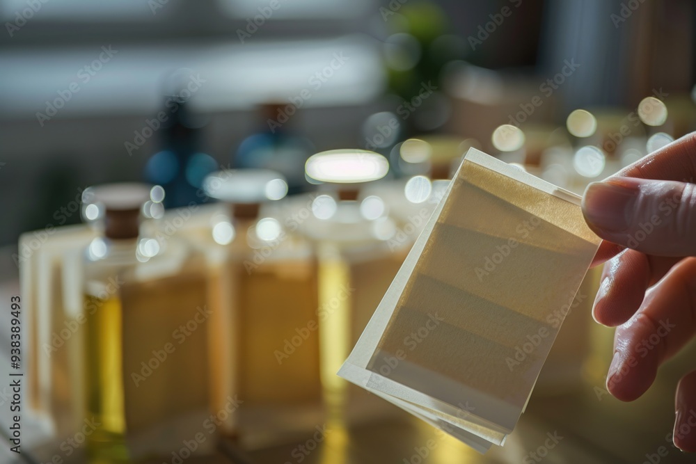 Poster A person holds a piece of paper in front of a row of empty bottles, possibly for a presentation or record-keeping
