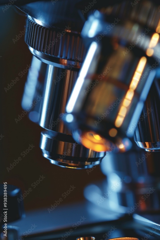 Poster close-up view of a microscope with a bright yellow light, ideal for medical or science-related illus